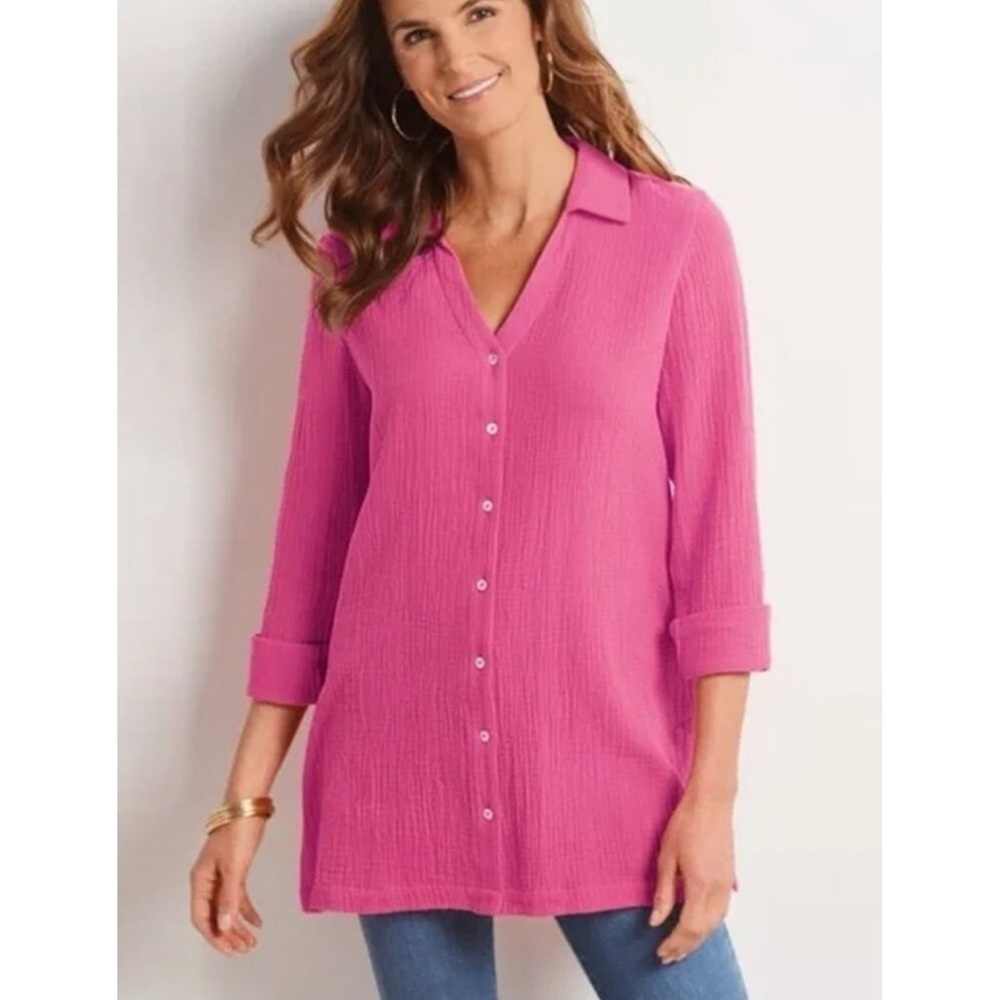 Soft Surroundings Gauze Cotton Button‎ Down Shirt, Pink - Size PS